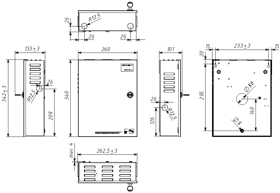 Габаритный чертеж IPS-1280C-05 / IPS-1280B-05 - источник бесперебойного электропитания (12 В - 8 А)